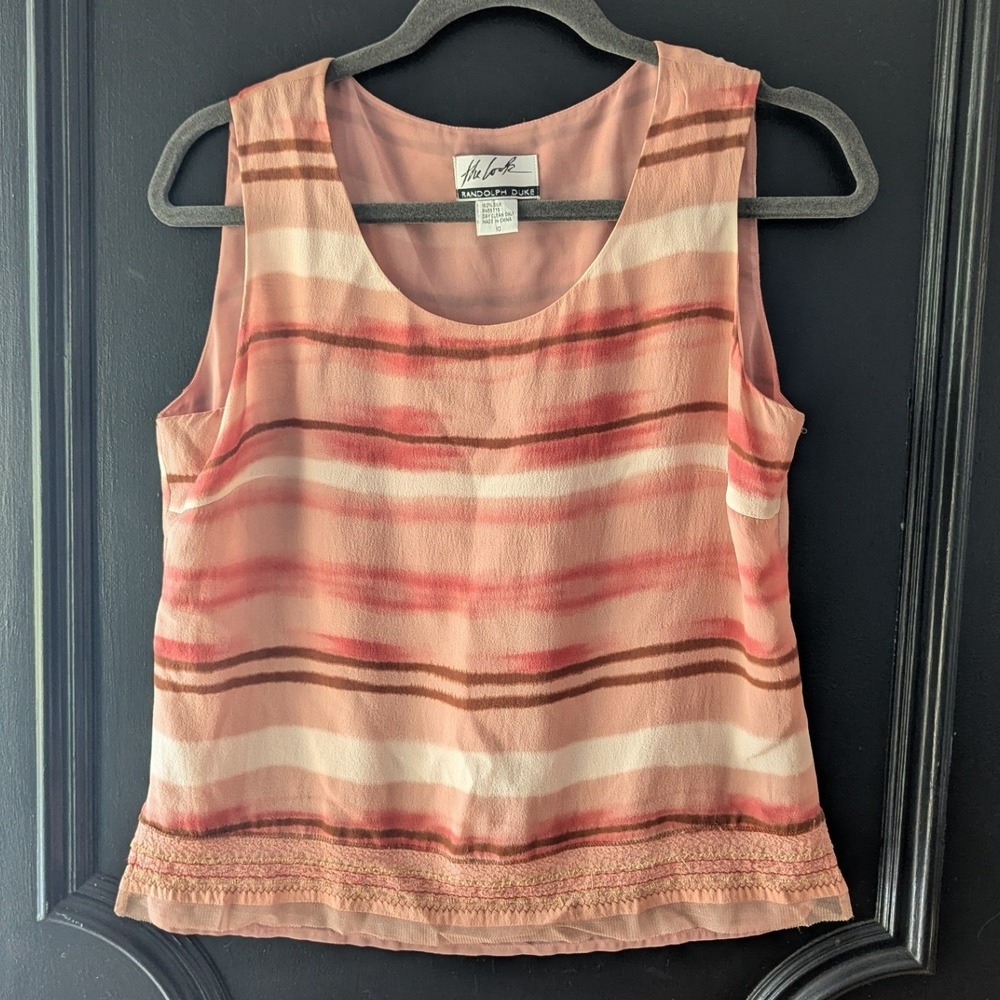 Vtg Blush Pink Striped 100% Silk‎ Blouse Tank Top Shell Watercolor Pastel Stripe